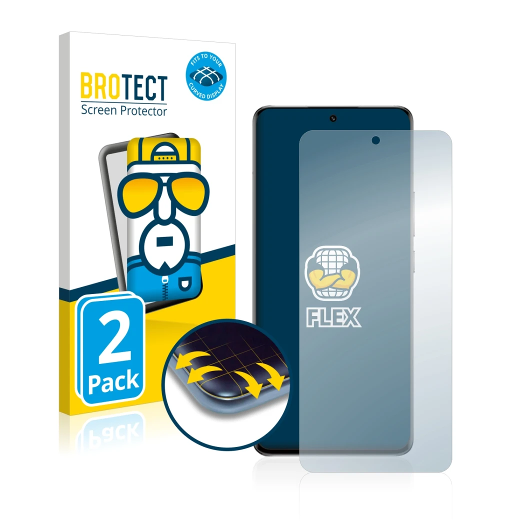 Front side of a product packaging with the brand logo BROTECT. Next to it is the device Xiaomi 13 Pro shown with the correspon