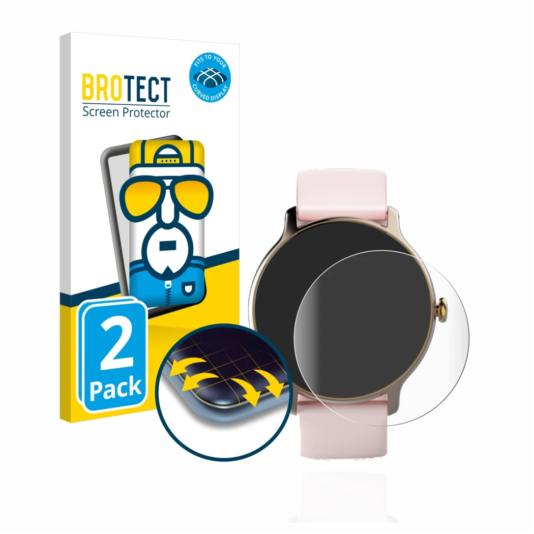 Front side of a product packaging with the brand logo BROTECT. Next to it is the device Hama Fit Watch 4910 shown with the cor