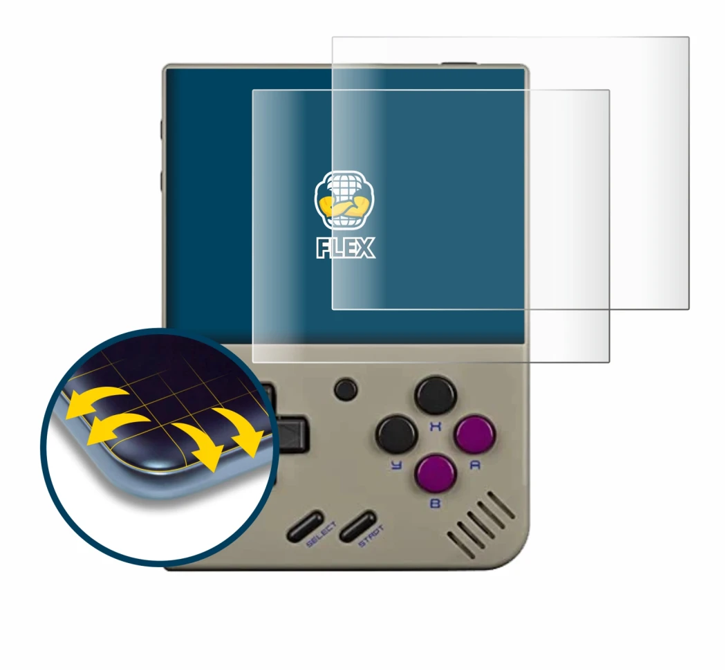 Image of the device Miyoo Mini Plus with a wide variety of screen protectors.