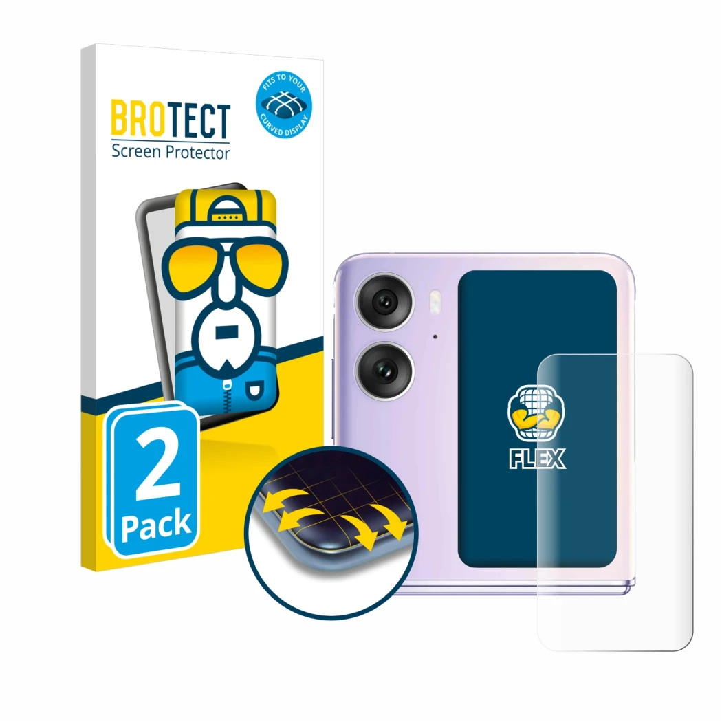 Front side of a product packaging with the brand logo BROTECT. Next to it is the device Oppo Find N2 Flip (Back display) shown