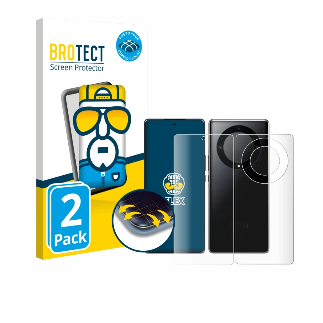 Front side of a product packaging with the brand logo BROTECT. Next to it is the device Honor Magic 5 Lite (Front+Back) shown 