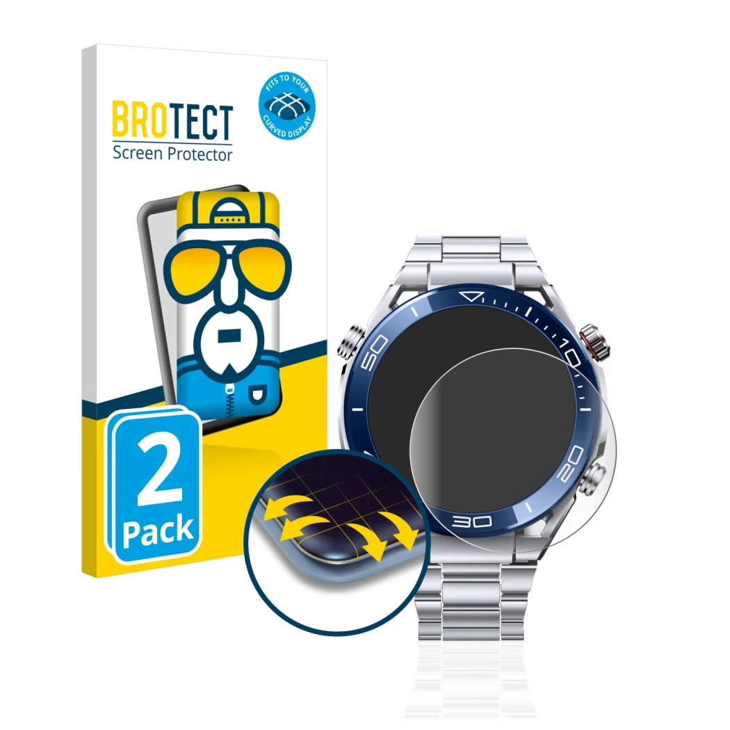 Front side of a product packaging with the brand logo BROTECT. Next to it is the device Huawei Watch Ultimate (48.5 mm) shown 