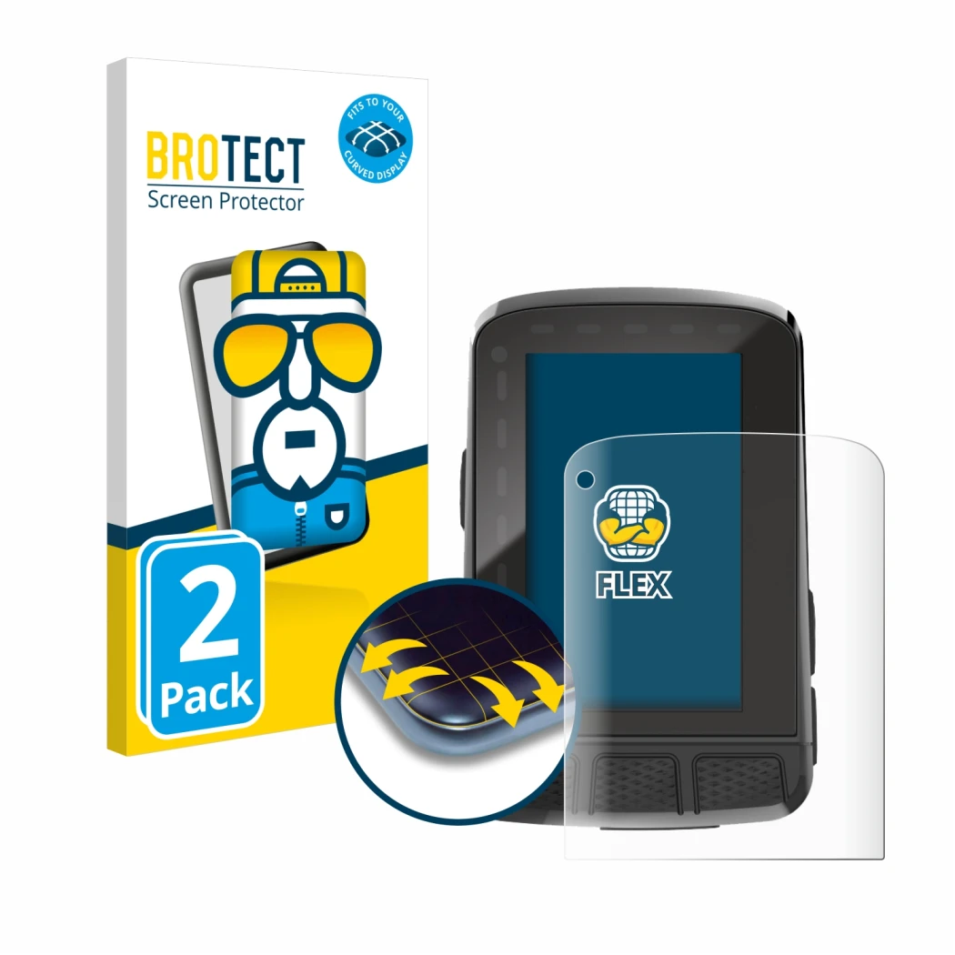 Front side of a product packaging with the brand logo BROTECT. Next to it is the device Wahoo Elemnt Roam 2 shown with the cor