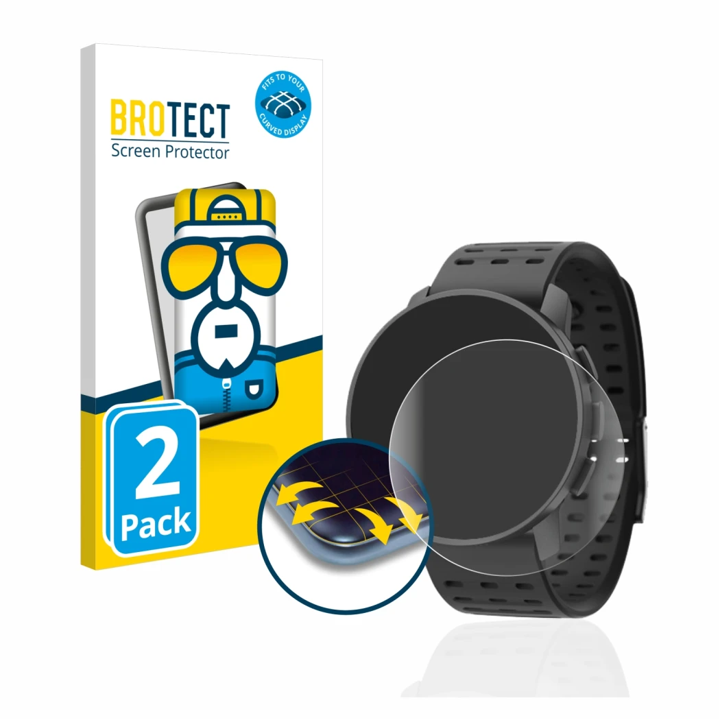 Front side of a product packaging with the brand logo BROTECT. Next to it is the device Suunto 9 Peak Pro shown with the corre