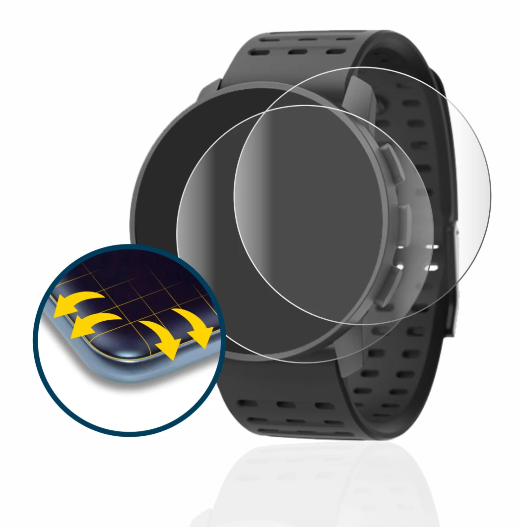 Image of the device Suunto 9 Peak Pro with a wide variety of screen protectors.