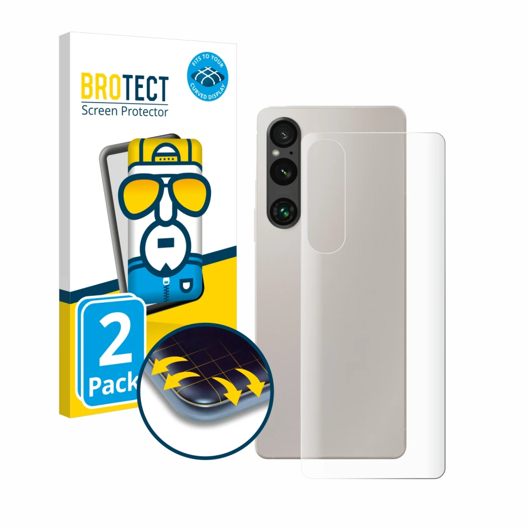 Front side of a product packaging with the brand logo BROTECT. Next to it is the device Sony Xperia 1 V (Back) shown with the 