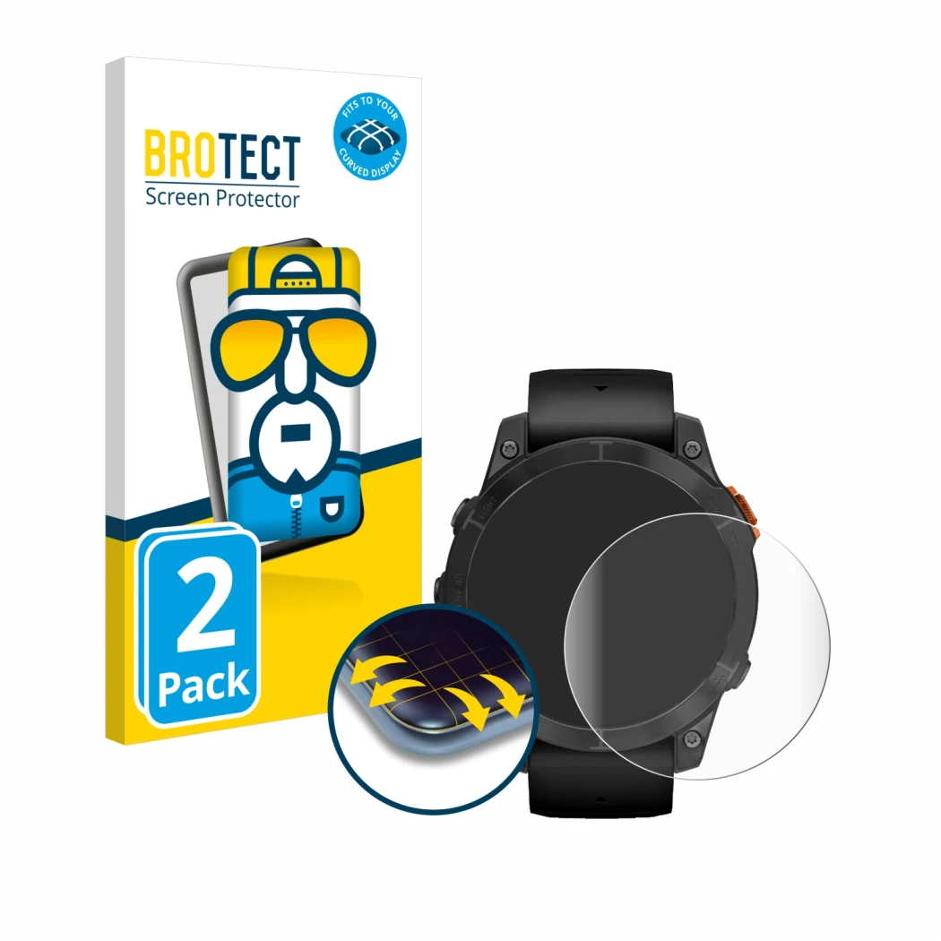 Front side of a product packaging with the brand logo BROTECT. Next to it is the device Garmin Fenix 7 Pro Solar (47 mm) shown