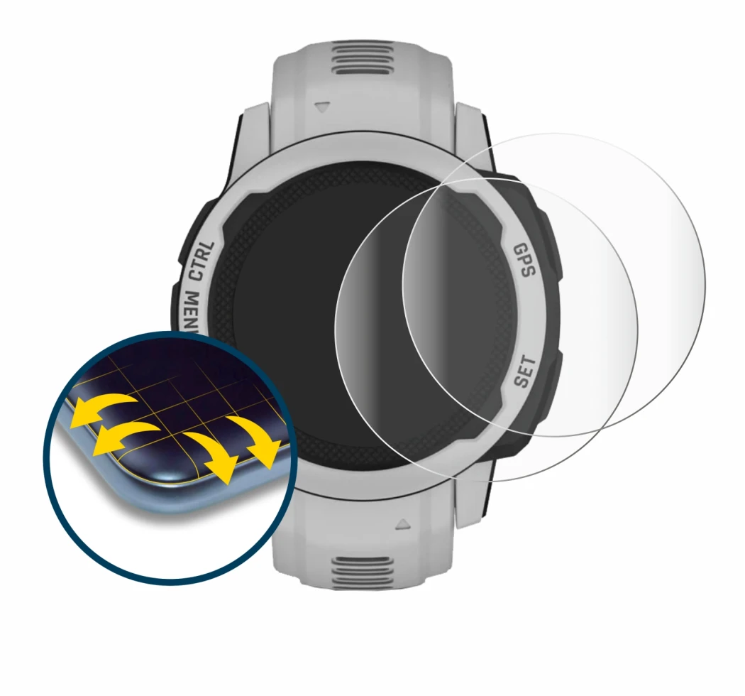 Image of the device Garmin Instinct 2S Solar (40 mm) with a wide variety of screen protectors.