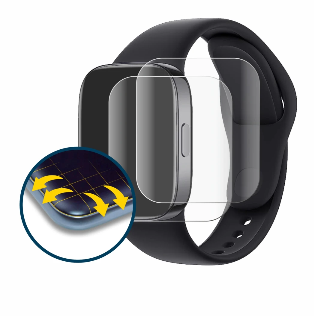 Image of the device Xiaomi Redmi Watch 3 with a wide variety of screen protectors.