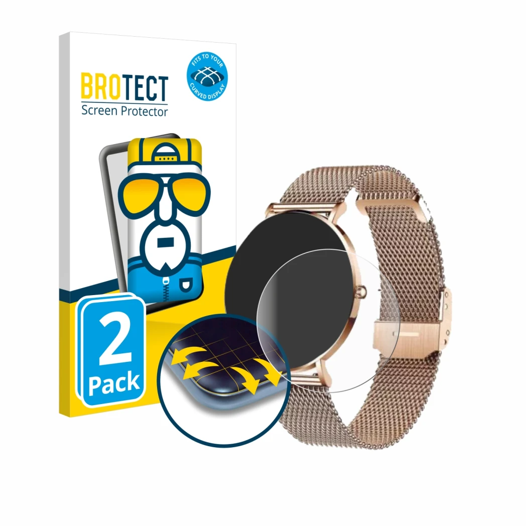Front side of a product packaging with the brand logo BROTECT. Next to it is the device Xcoast X-Watch Siona 2 shown with the