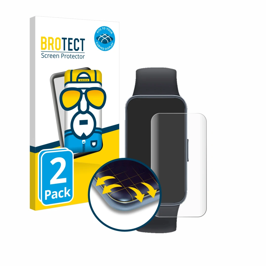 Front side of a product packaging with the brand logo BROTECT. Next to it is the device Huawei Band 8 shown with the correspon