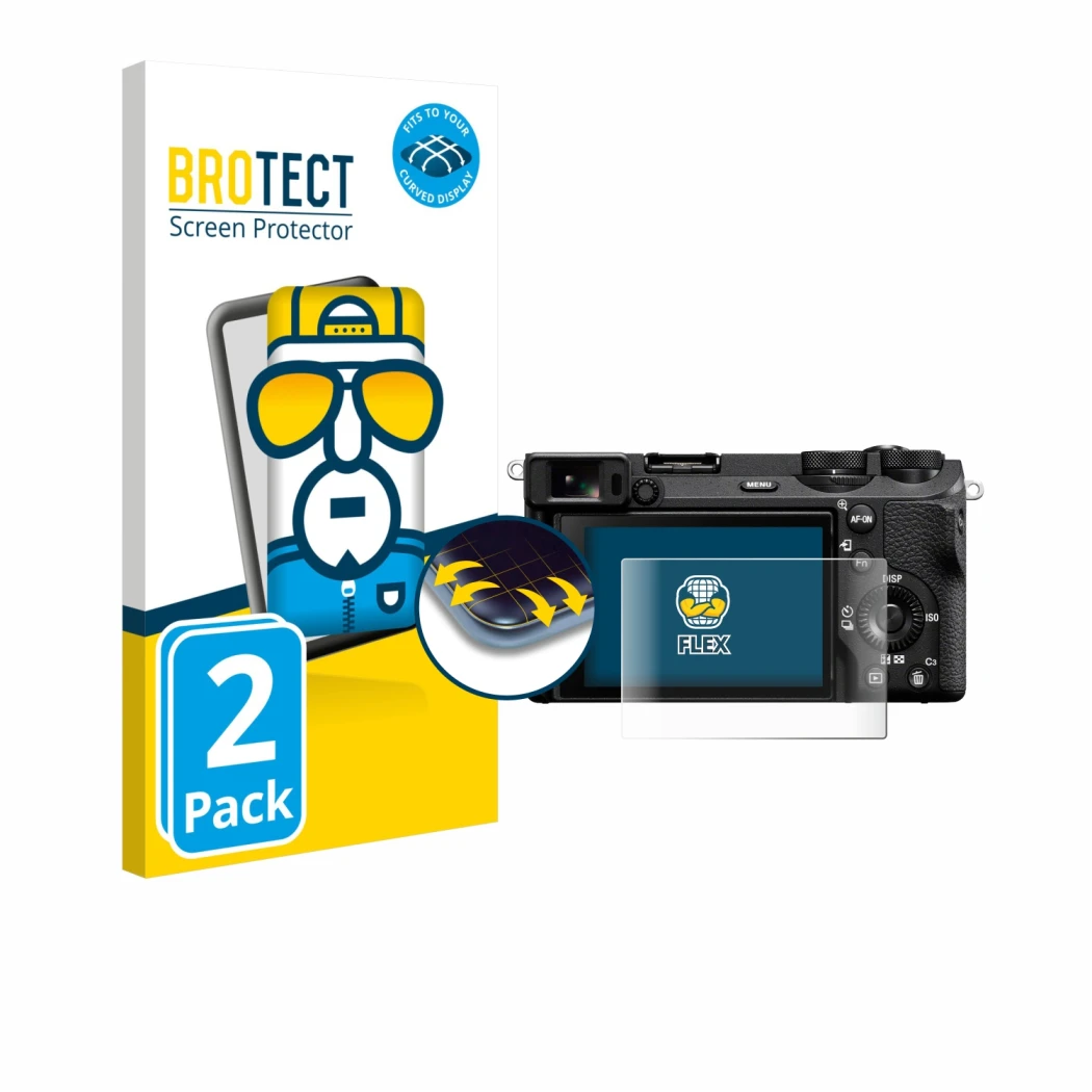 Front side of a product packaging with the brand logo BROTECT. Next to it is the device Sony Alpha 6700 shown with the corresp