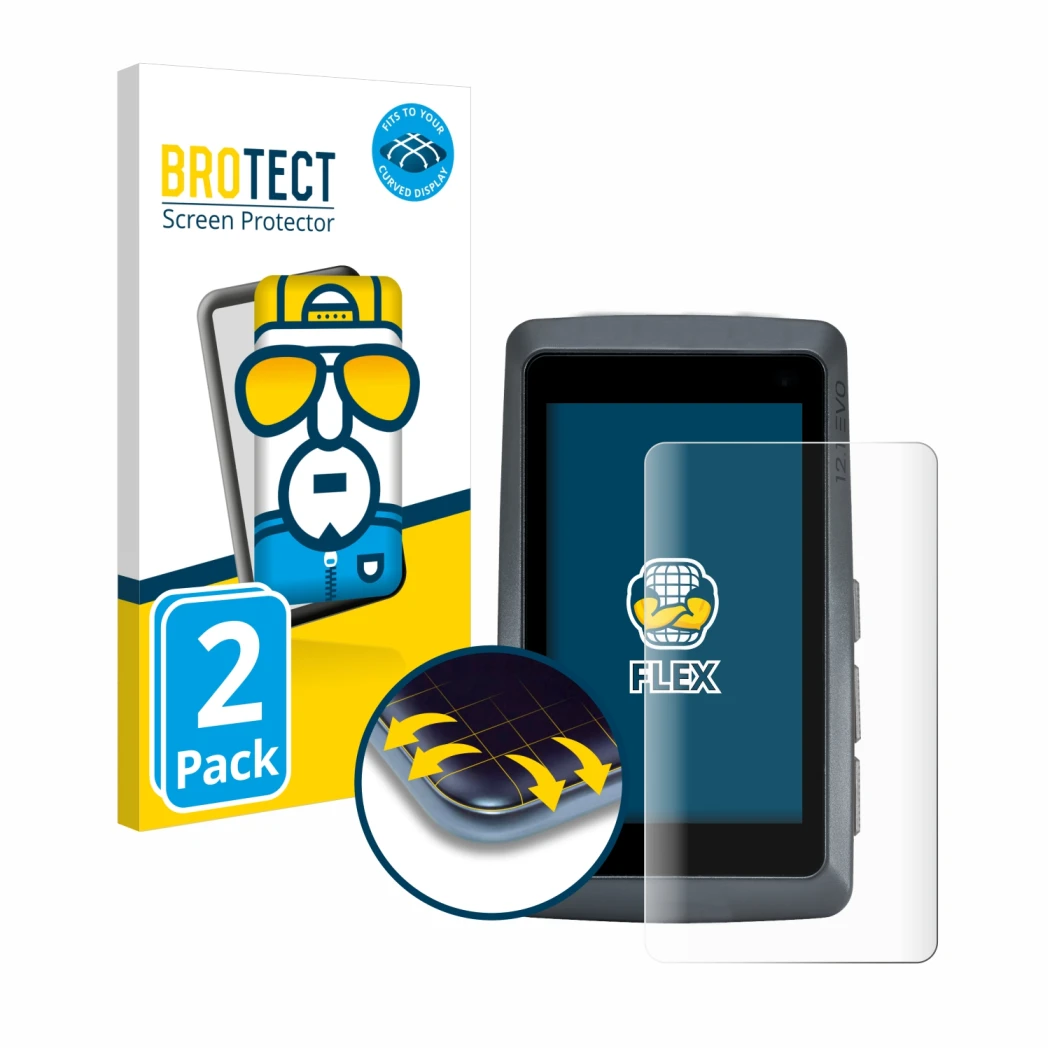 Front side of a product packaging with the brand logo BROTECT. Next to it is the device Sigma ROX 12.1 EVO shown with the corr