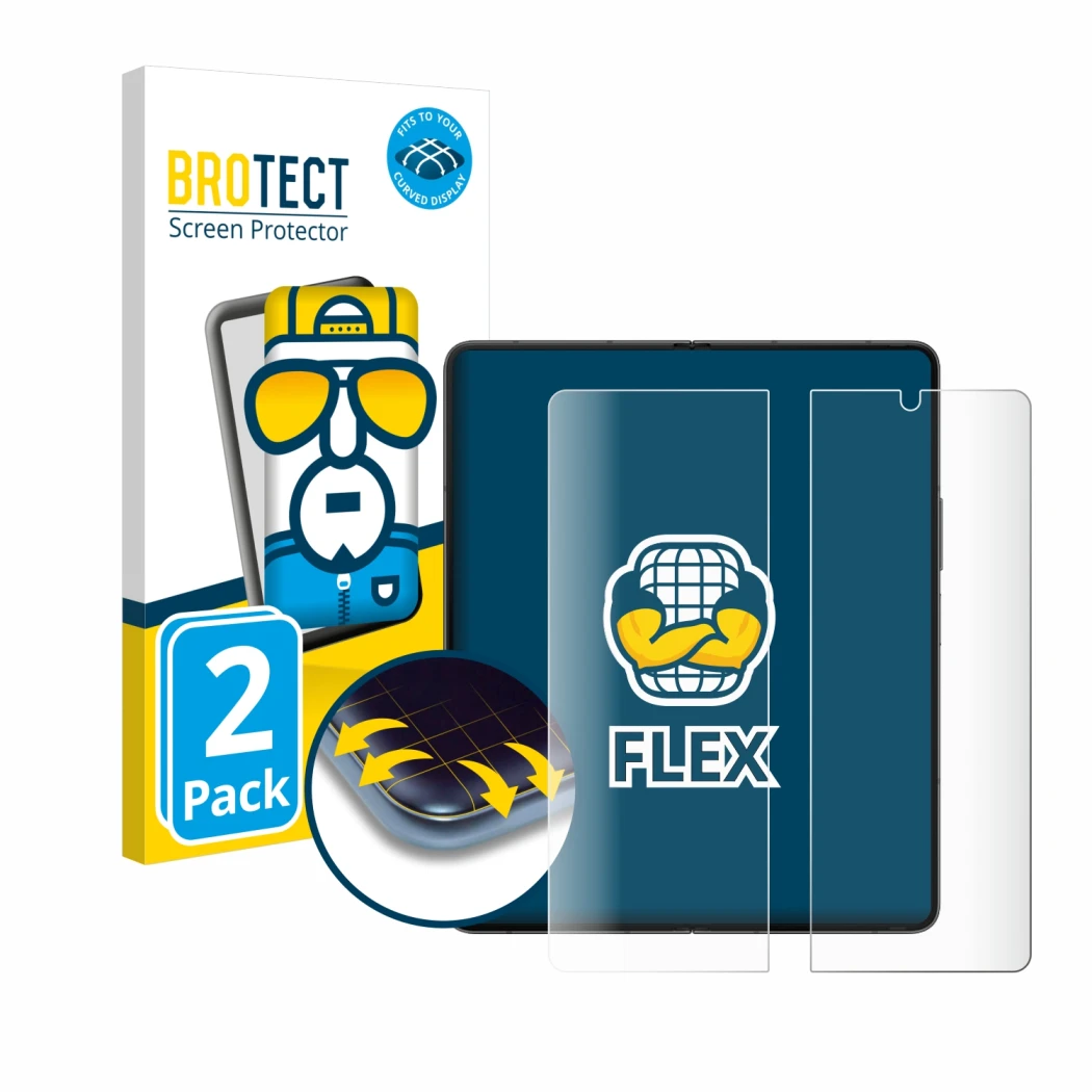 Front side of a product packaging with the brand logo BROTECT. Next to it is the device Samsung Galaxy Z Fold 5 (Inner display