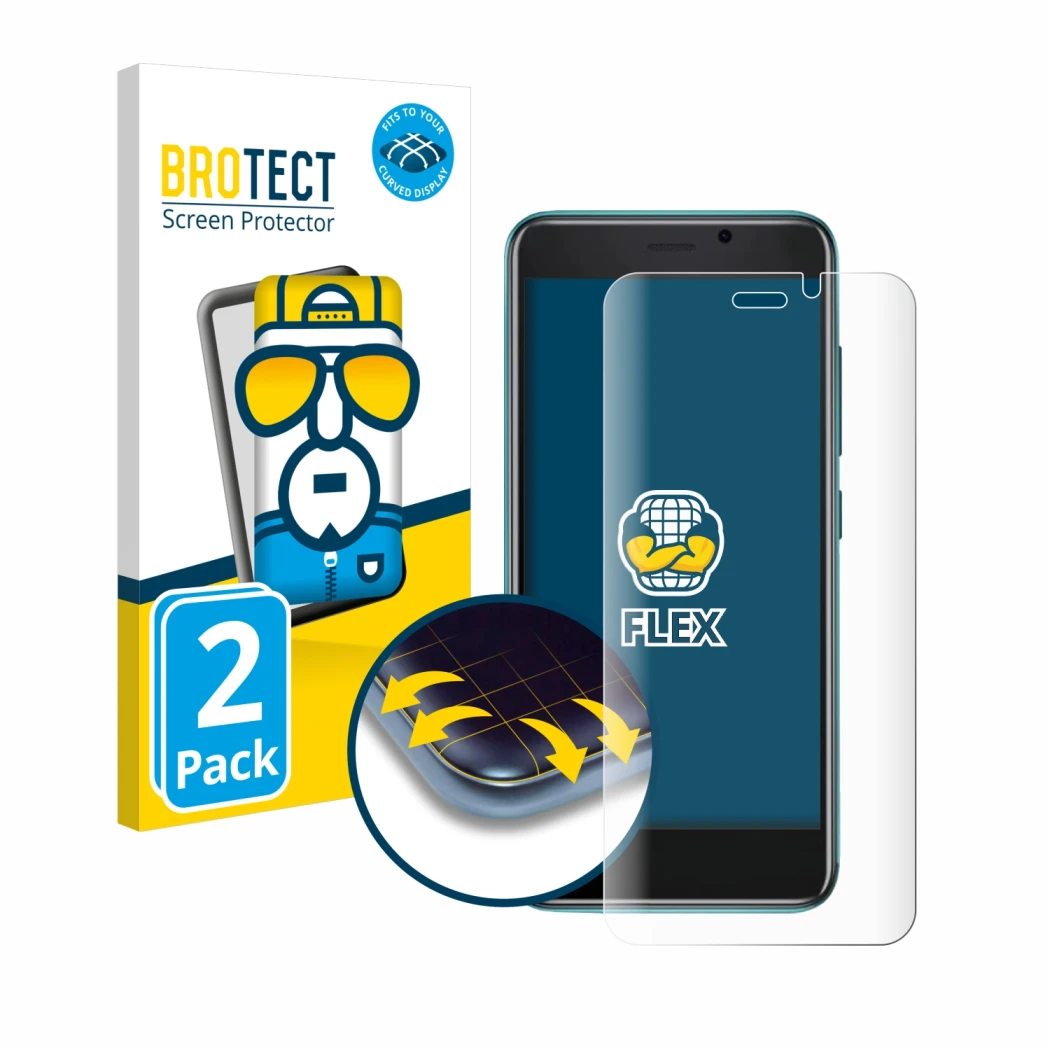 Front side of a product packaging with the brand logo BROTECT. Next to it is the device Cubot J 20 shown with the correspondin