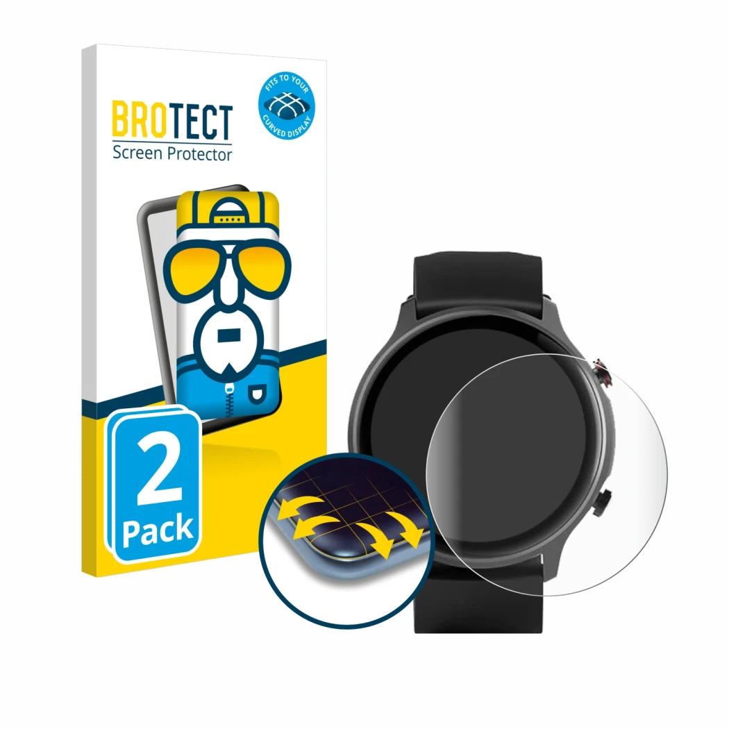 Front side of a product packaging with the brand logo BROTECT. Next to it is the device Hama Fit Watch 6910 shown with the cor