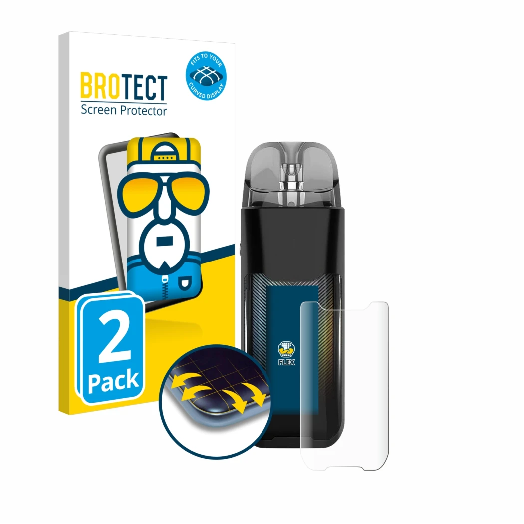 Front side of a product packaging with the brand logo BROTECT. Next to it is the device Vaporesso Luxe XR shown with the corre