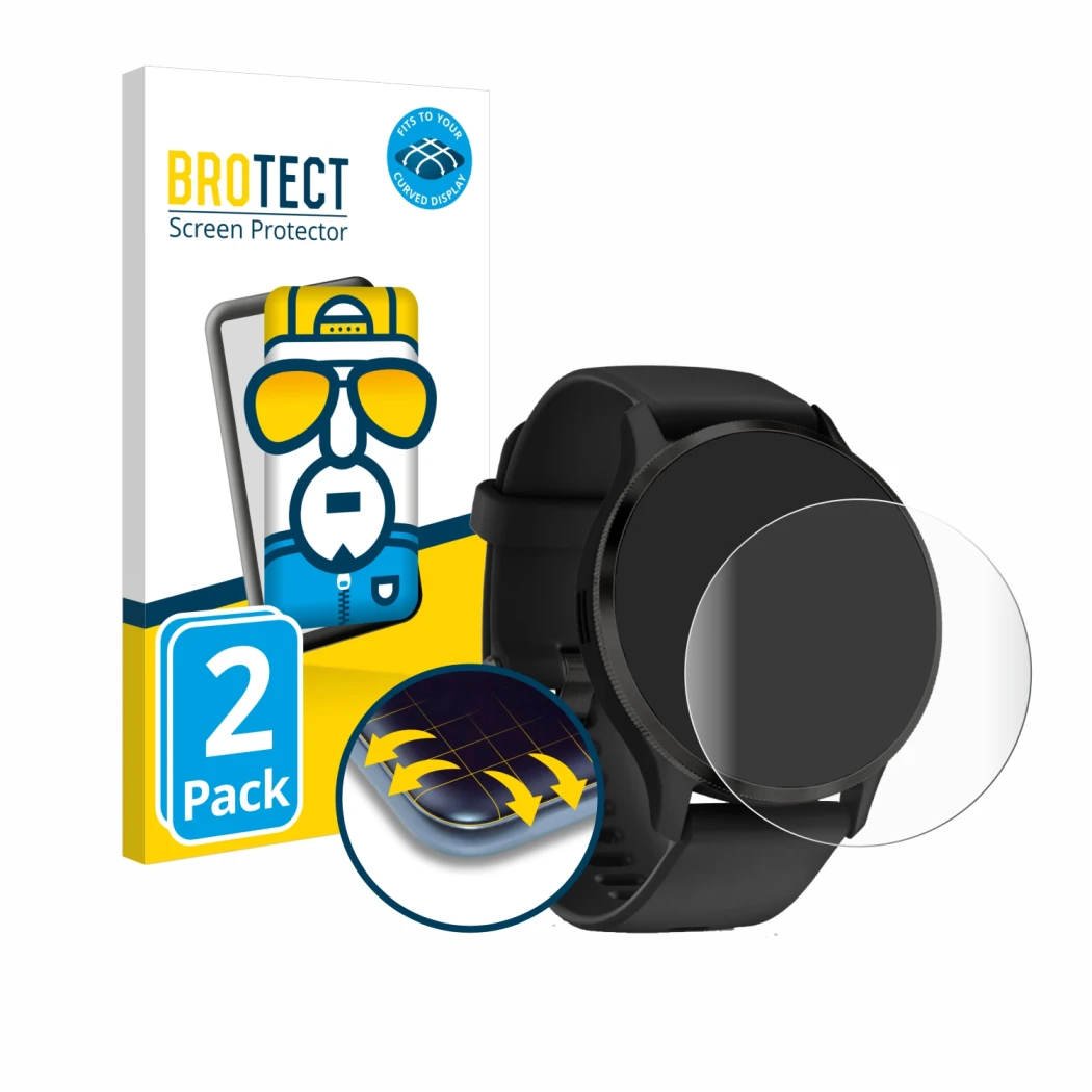 Front side of a product packaging with the brand logo BROTECT. Next to it is the device Garmin Venu 3S shown with the correspo