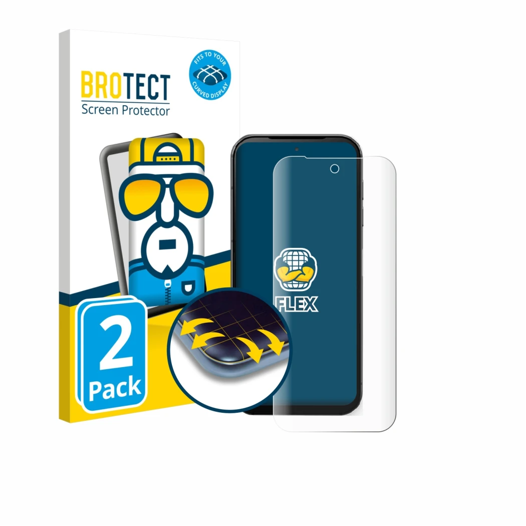 Front side of a product packaging with the brand logo BROTECT. Next to it is the device Fairphone 5 shown with the correspondi