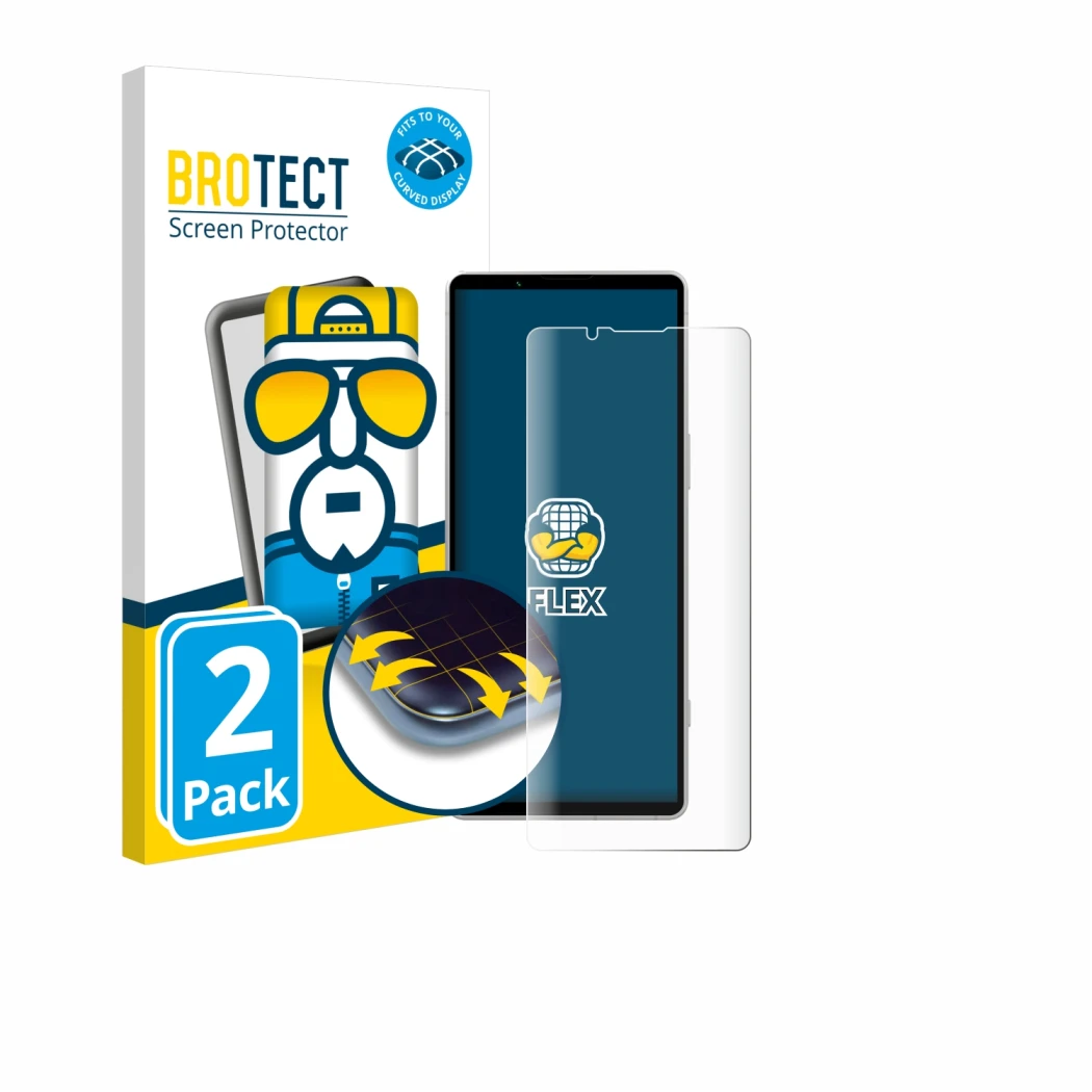 Front side of a product packaging with the brand logo BROTECT. Next to it is the device Sony Xperia 5 V shown with the corresp