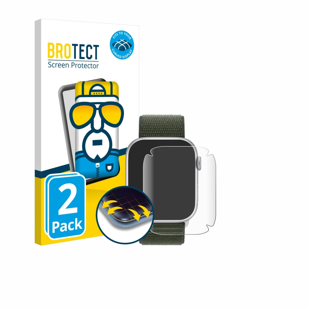 Front side of a product packaging with the brand logo BROTECT. Next to it is the device Apple Watch Series 9 (41 mm) shown wit