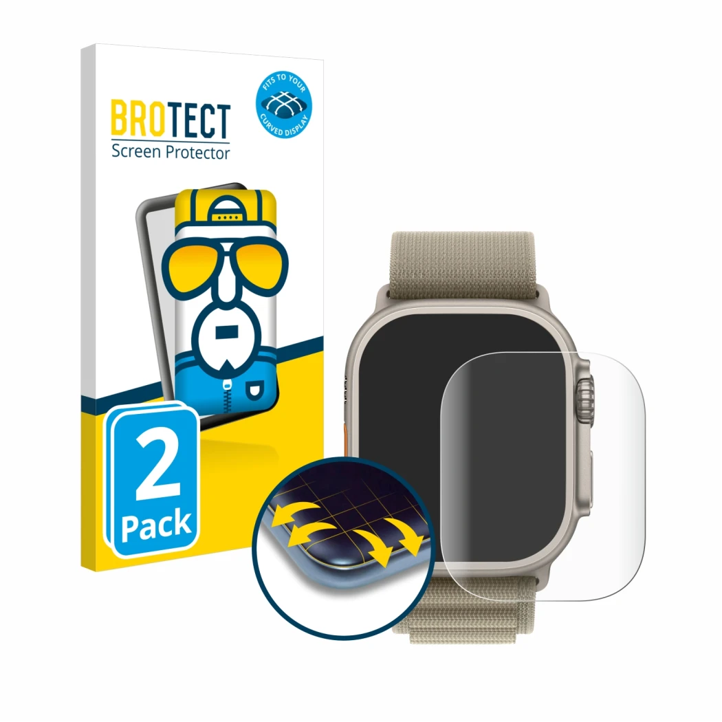 Front side of a product packaging with the brand logo BROTECT. Next to it is the device Apple Watch Ultra 2 (49 mm) shown with