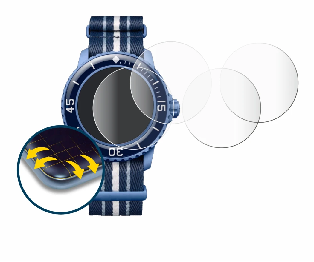 Image of the device Blancpain x Swatch Scuba Fifty Fathoms with a wide variety of screen protectors.