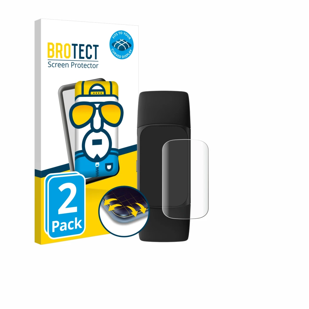 Front side of a product packaging with the brand logo BROTECT. Next to it is the device Fitbit Charge 6 shown with the corresp