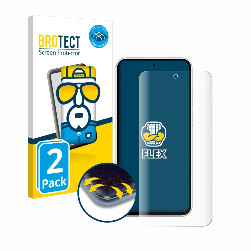 Front side of a product packaging with the brand logo BROTECT. Next to it is the device Samsung Galaxy S23 FE shown with the c