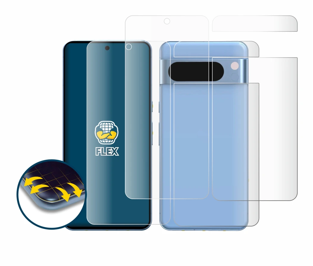 Image of the device Google Pixel 8 Pro (Front+Back) with a wide variety of screen protectors.
