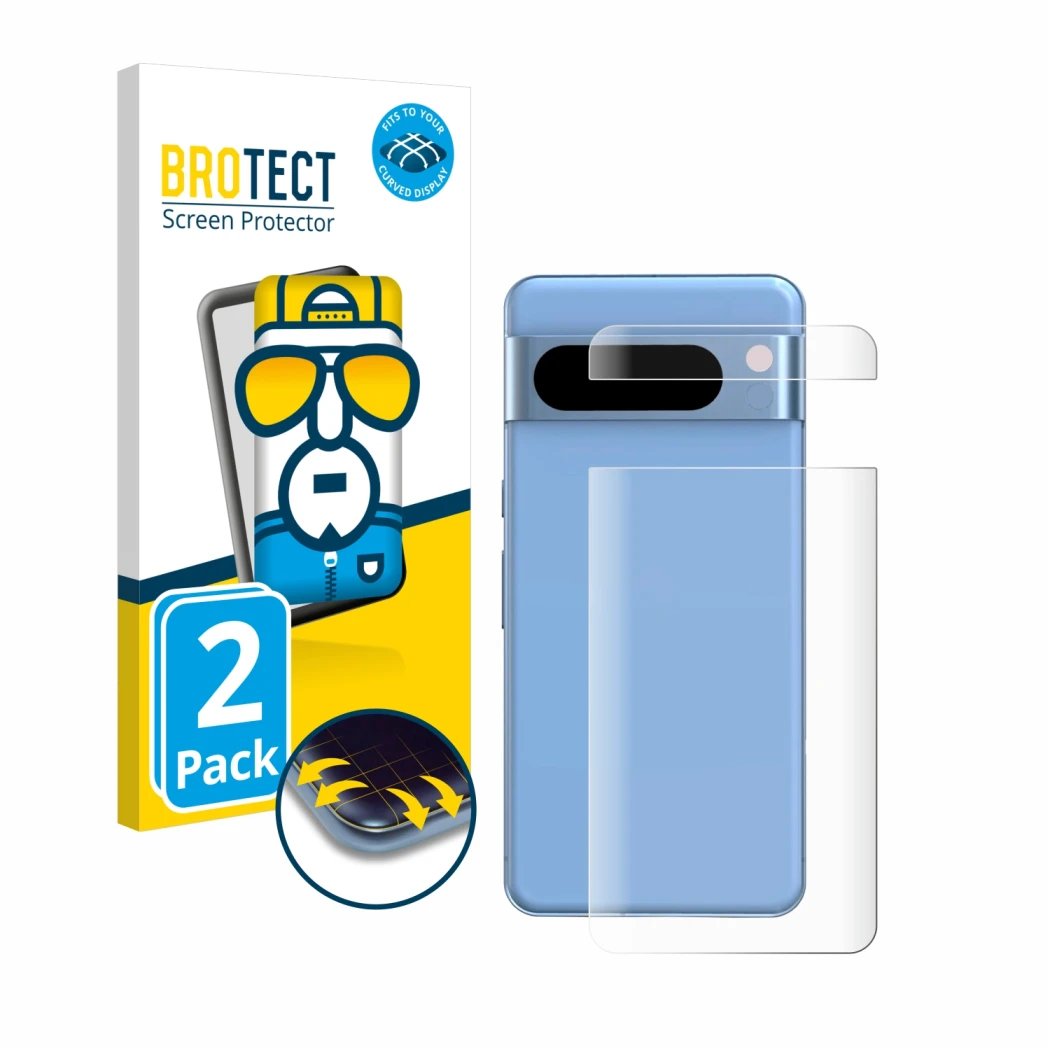 Front side of a product packaging with the brand logo BROTECT. Next to it is the device Google Pixel 8 Pro (Back) shown with t