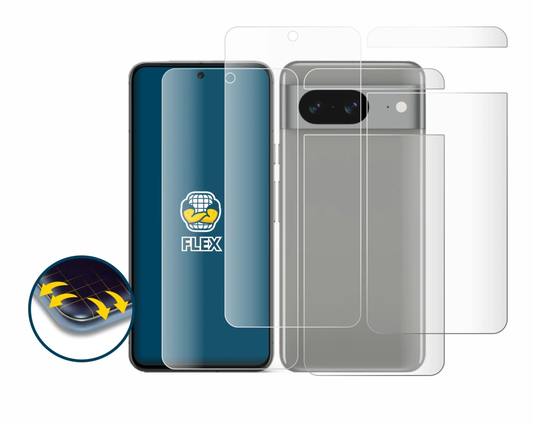 Image of the device Google Pixel 8 (Front+Back) with a wide variety of screen protectors.