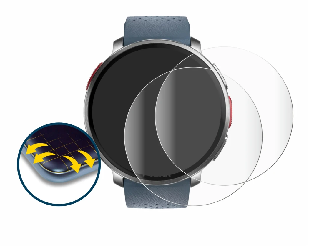 Image of the device Polar Vantage V3 with a wide variety of screen protectors.