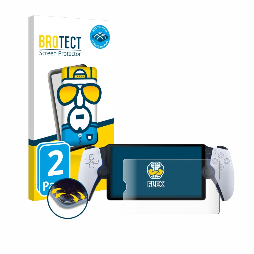 Front side of a product packaging with the brand logo BROTECT. Next to it is the device Sony Playstation Portal shown with the
