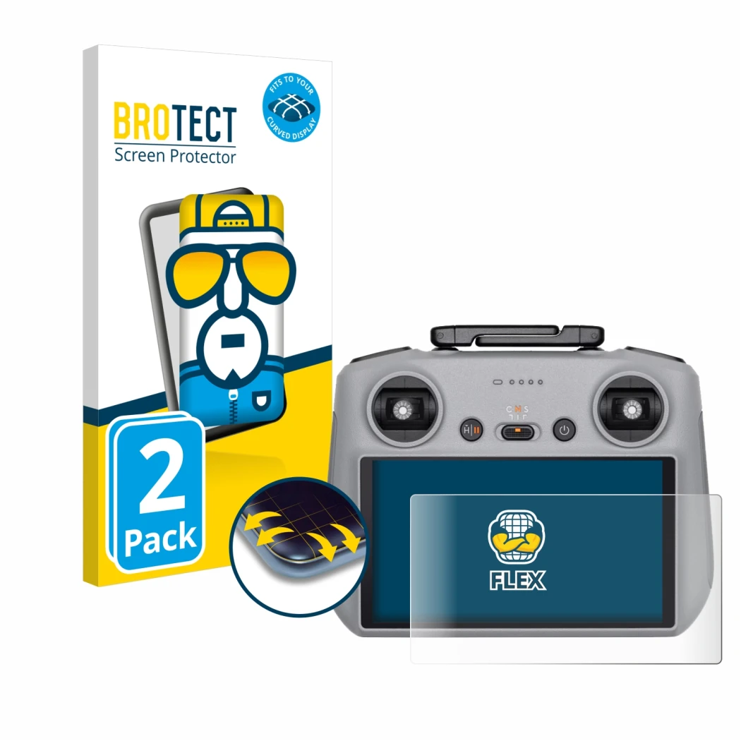 Front side of a product packaging with the brand logo BROTECT. Next to it is the device DJI RC 2 shown with the corresponding