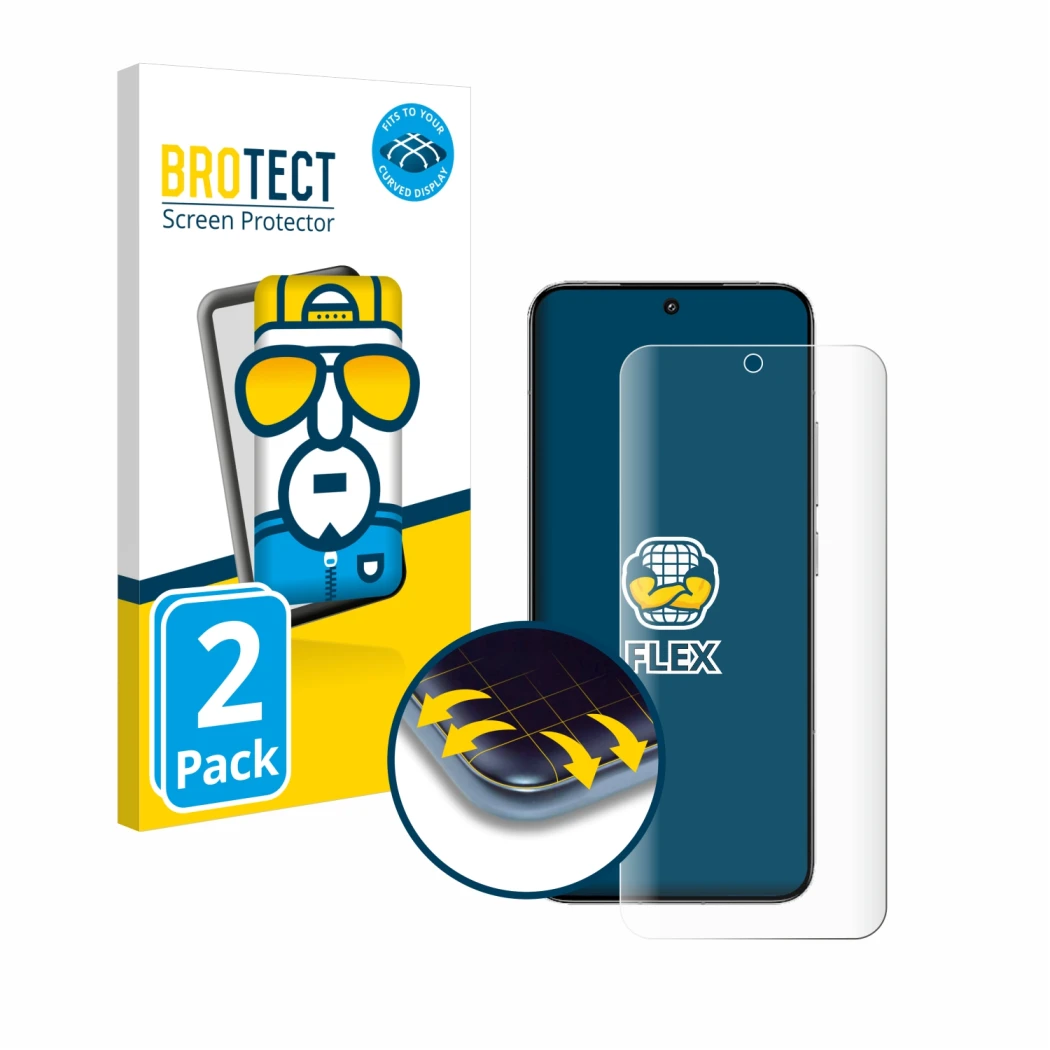 Front side of a product packaging with the brand logo BROTECT. Next to it is the device Xiaomi 14 shown with the corresponding