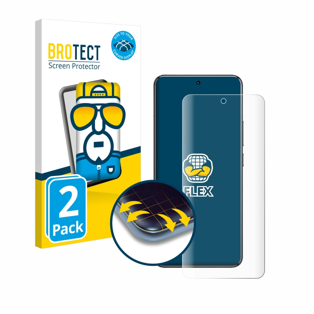 Front side of a product packaging with the brand logo BROTECT. Next to it is the device Xiaomi 14 Pro shown with the correspon