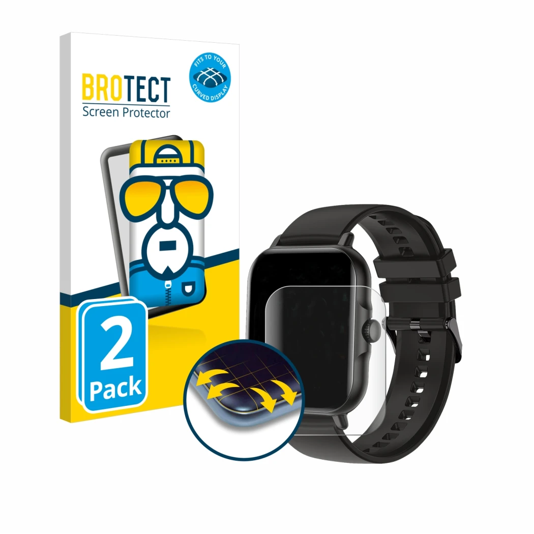 Front side of a product packaging with the brand logo BROTECT. Next to it is the device AcclaFit KM13 1.83