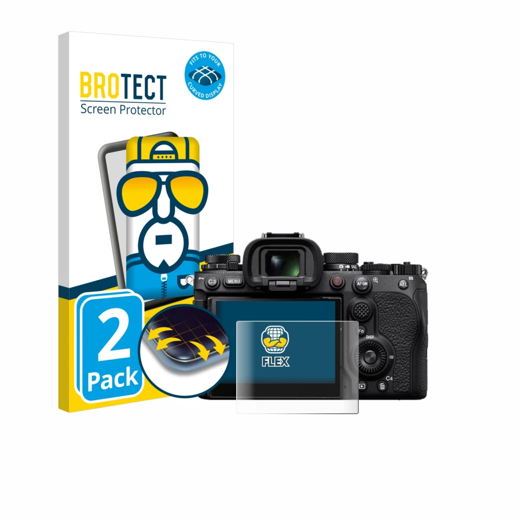 Front side of a product packaging with the brand logo BROTECT. Next to it is the device Sony Alpha 9 III shown with the corres