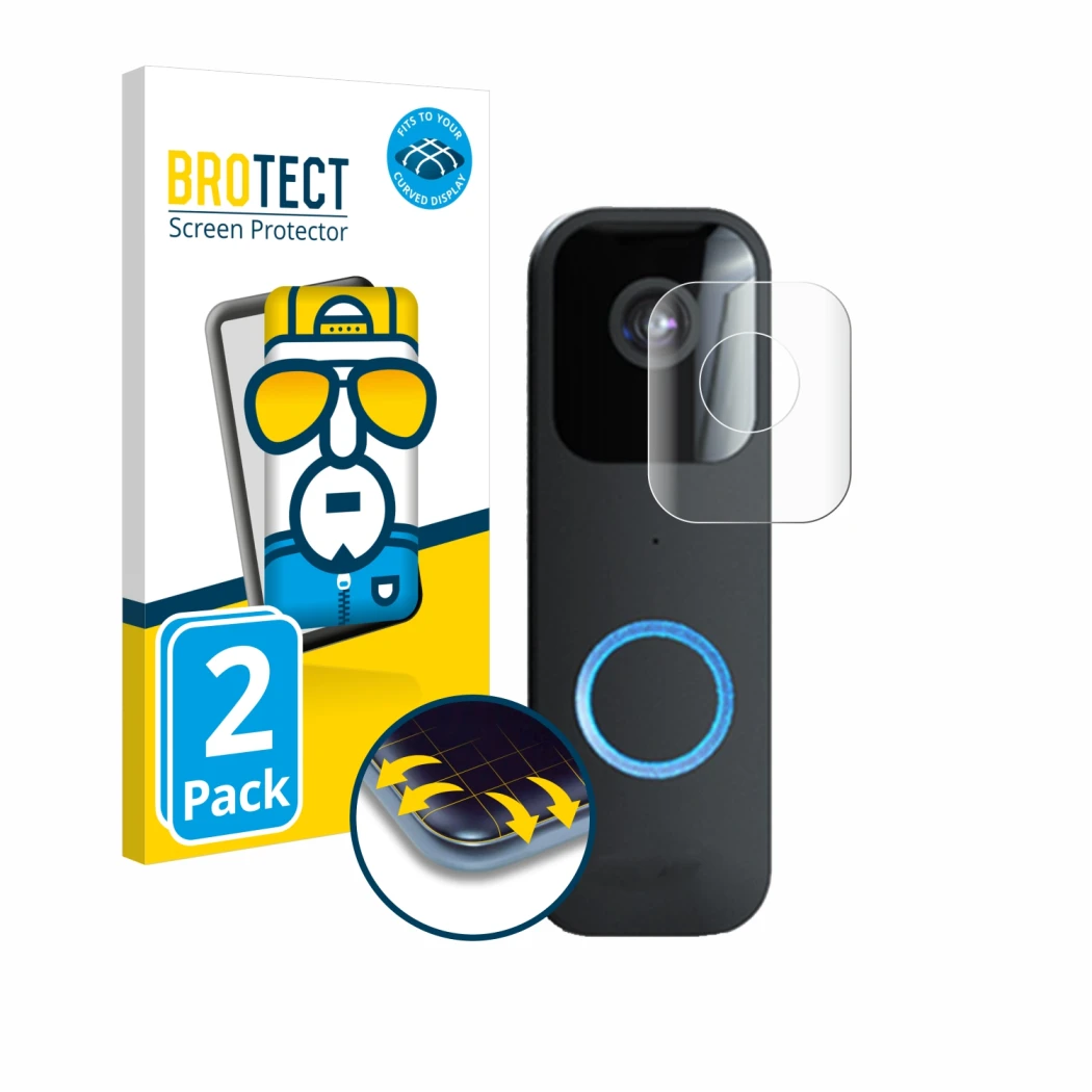 Front side of a product packaging with the brand logo BROTECT. Next to it is the device Blink Video Doorbell shown with the co
