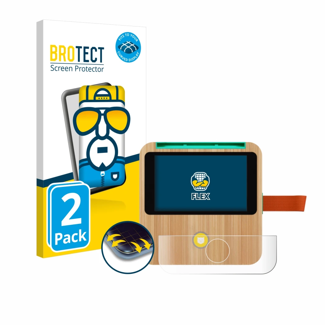 Front side of a product packaging with the brand logo BROTECT. Next to it is the device tigerbox Touch Plus shown with the cor
