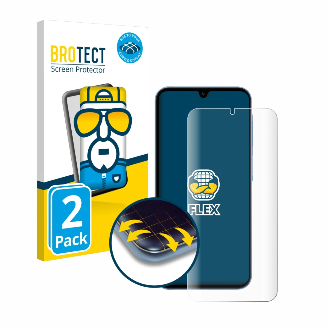 Front side of a product packaging with the brand logo BROTECT. Next to it is the device Samsung Galaxy A15 5G shown with the c