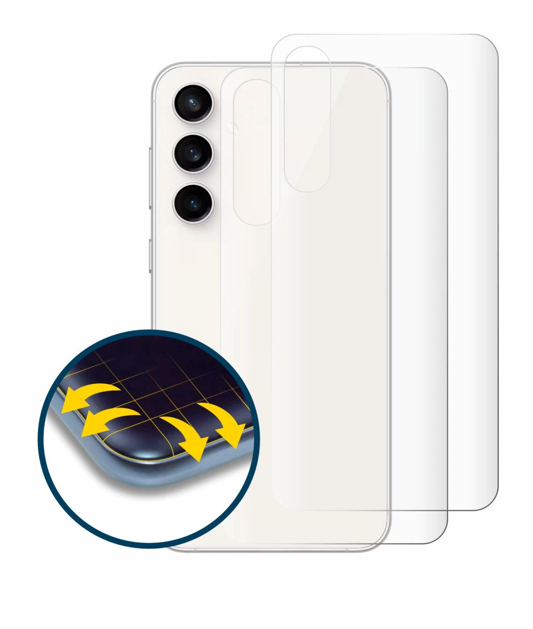Image of the device Samsung Galaxy S23 FE (Back) with a wide variety of screen protectors.