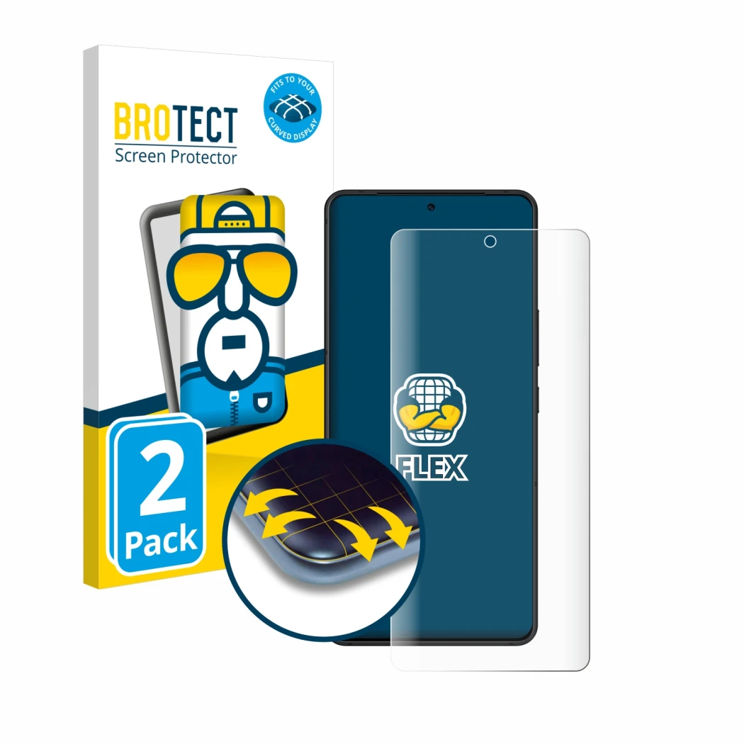 Front side of a product packaging with the brand logo BROTECT. Next to it is the device ASUS ROG Phone 8 shown with the corres