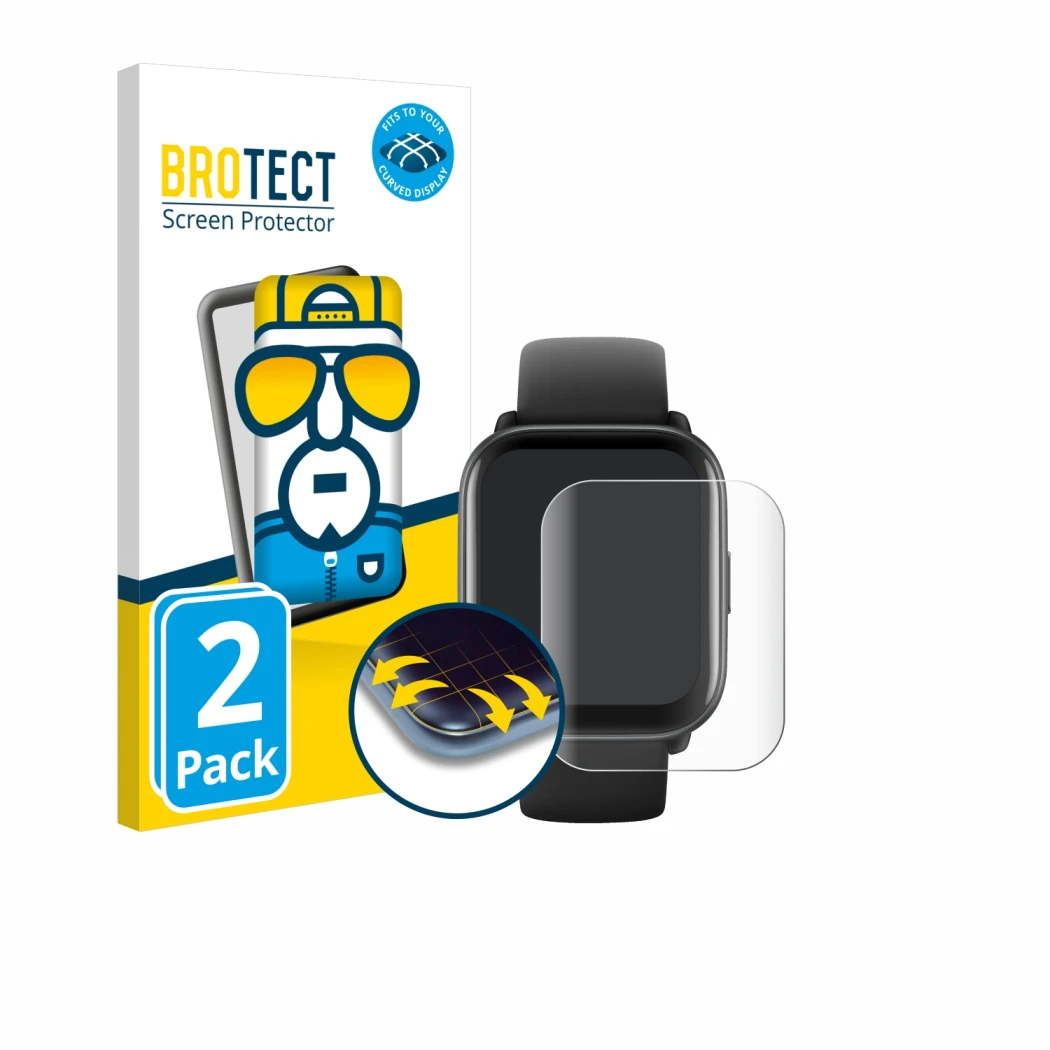 Front side of a product packaging with the brand logo BROTECT. Next to it is the device Amazfit Active shown with the correspo