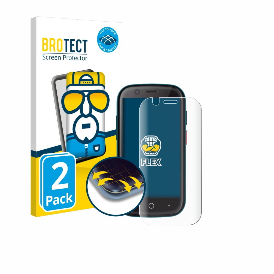Front side of a product packaging with the brand logo BROTECT. Next to it is the device Unihertz Jelly 2E shown with the corre