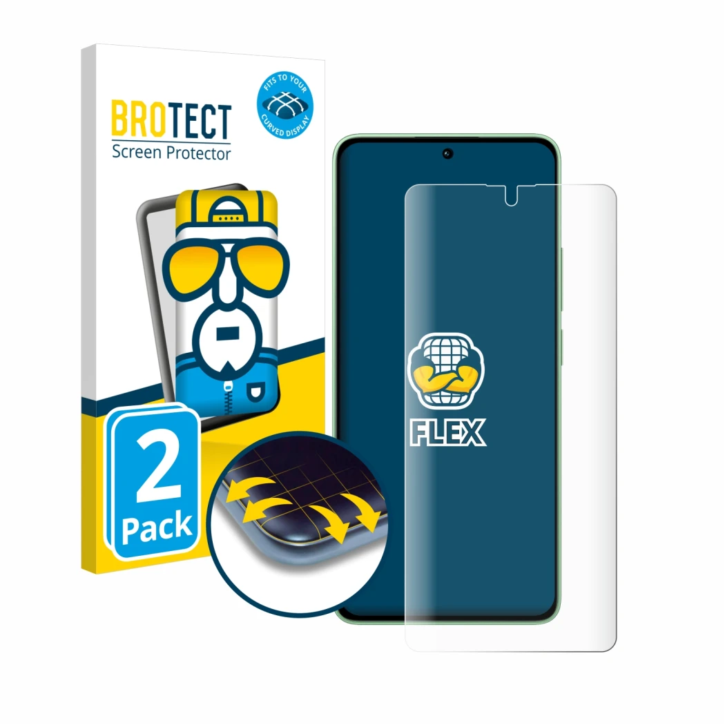 Front side of a product packaging with the brand logo BROTECT. Next to it is the device Xiaomi Redmi Note 13 4G shown with the