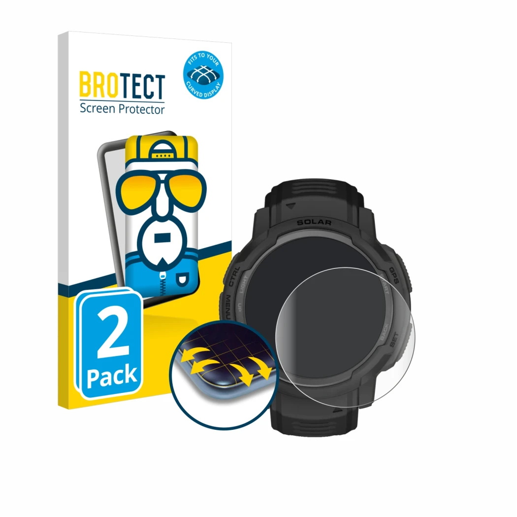 Front side of a product packaging with the brand logo BROTECT. Next to it is the device Garmin Instinct Crossover AMOLED shown