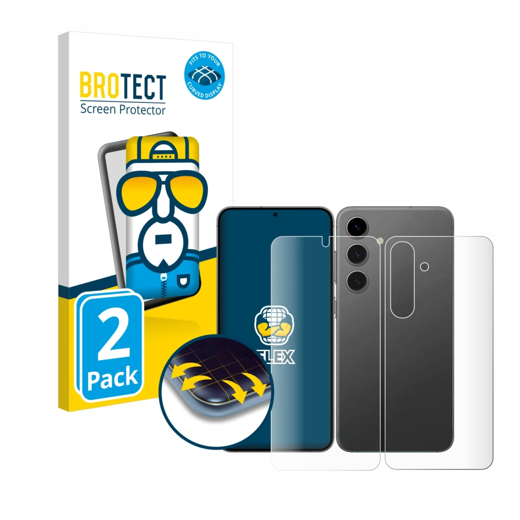 Front side of a product packaging with the brand logo BROTECT. Next to it is the device Samsung Galaxy S24 (Front+Back) shown 