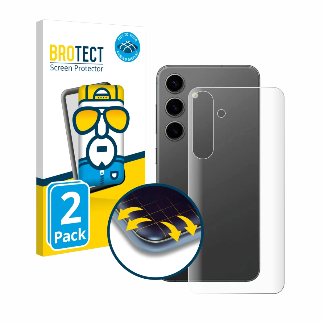 Front side of a product packaging with the brand logo BROTECT. Next to it is the device Samsung Galaxy S24 Plus (Back) shown w